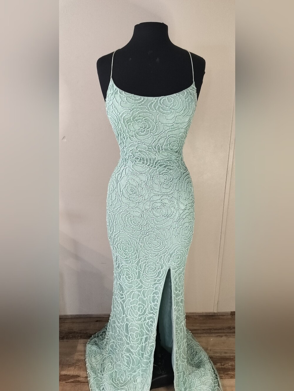 Mint Lace Spaghetti-Strap Maxi Dress with Front Slit